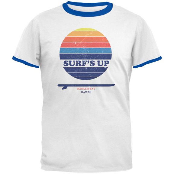 Surf's Up Hanalei Bay Hawaii Mens Ringer T Shirt White-Royal SM
