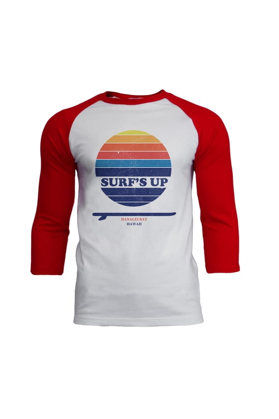 Surf's Up Hanalei Bay Hawaii Mens Soft Raglan T Shirt White-Red SM