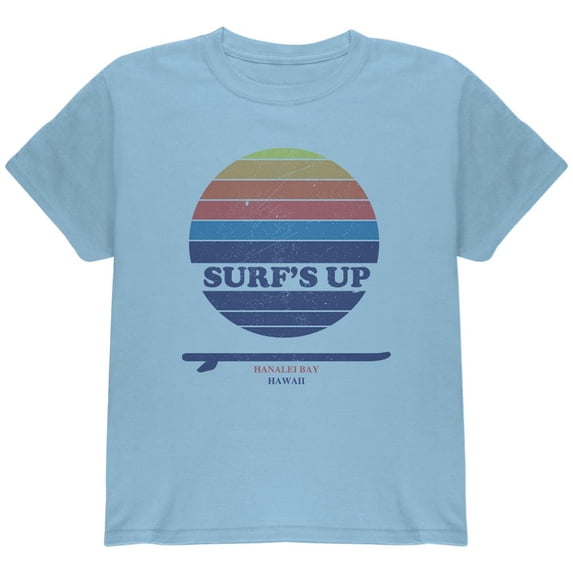 Surf's Up Hanalei Bay Hawaii Youth T Shirt Light Blue YXL
