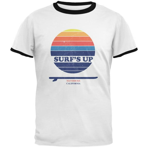 Surf's Up Mavericks California Mens Ringer T Shirt White-Black MD