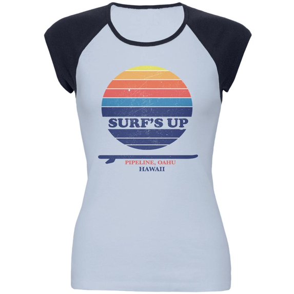 Surf's Up Pipeline Beach Light Blue/Navy Juniors Raglan T-Shirt
