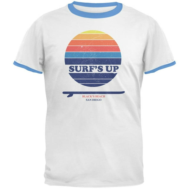 Surf's Up San Diego Beach Mens Ringer T Shirt White/Carolina Blue 2XL