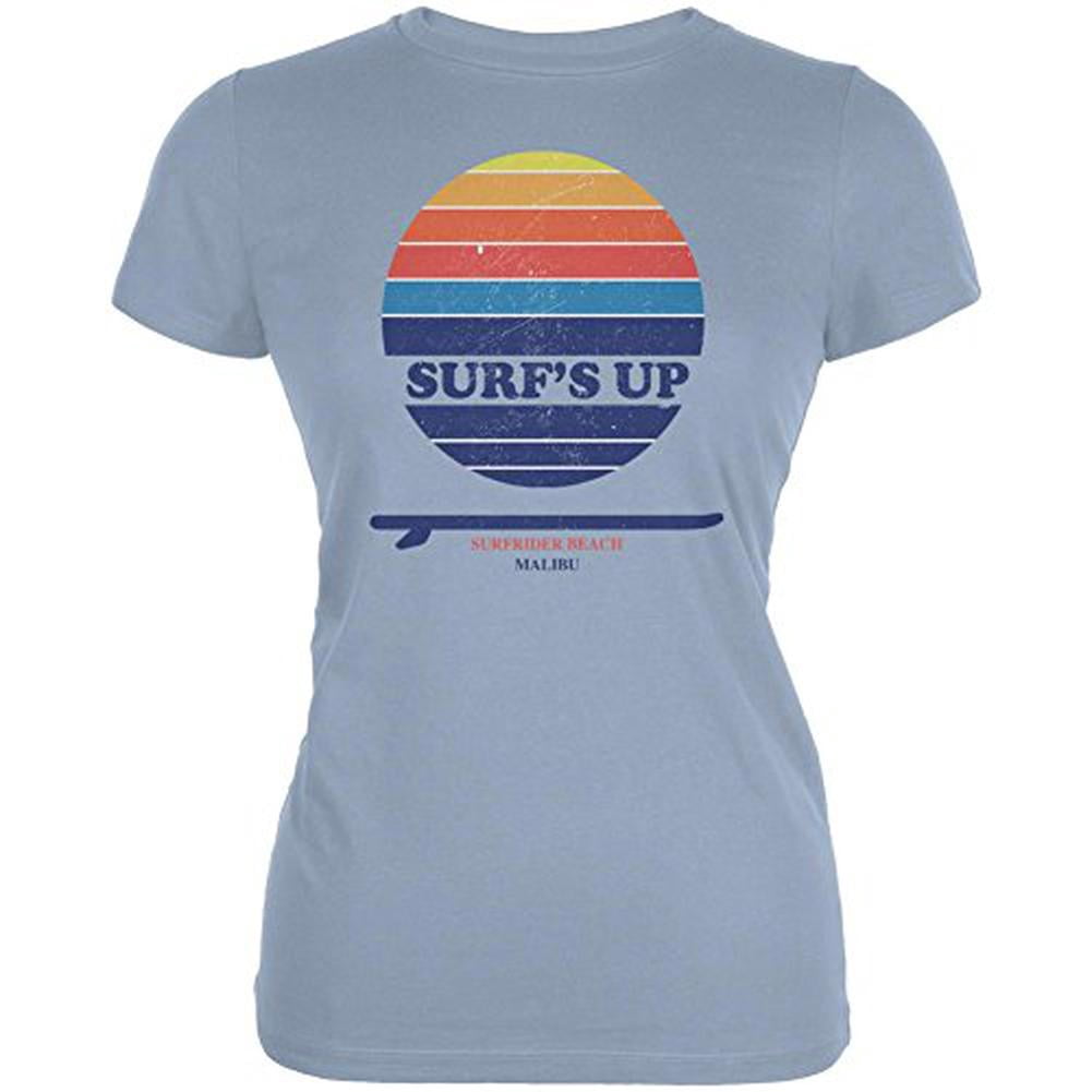 Surf's Up Surfrider Beach Malibu Juniors Soft T Shirt Light Blue X-LG