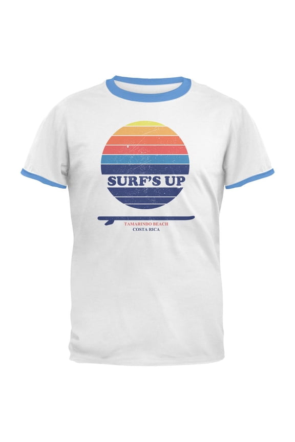 Surf's Up Tamarindo Beach Costa Rica Mens Ringer T Shirt White/Carolina Blue 2XL