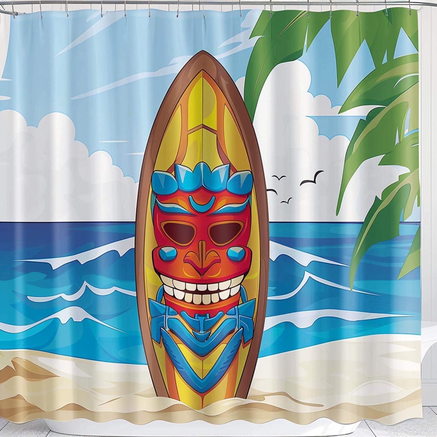 Surf's Up! Tropical Tiki Surfboard Shower Curtain for Kids Fun Cartoon