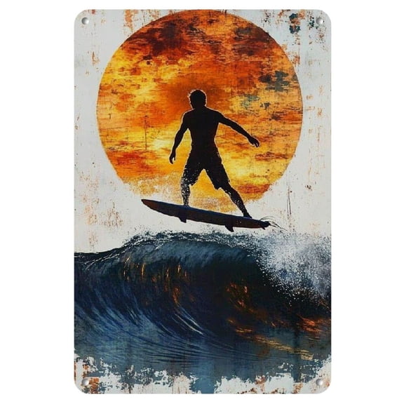 Surf's Up! Vintage-Inspired Metal Wall Art, 8x12 Inches - Weather-Resistant & Waterproof Iron Decor with Surfer Silhouette for Home & Bar, Easy to Install, Surfing Wall Decoror