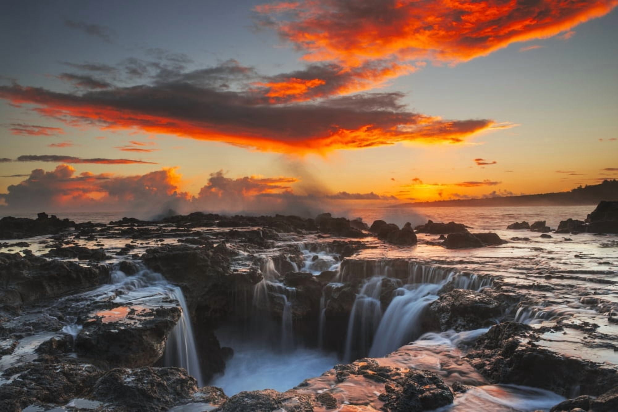 Surf spills into a hole in a rock outcrop at sunrise on the east side of Kauai Kauai Hawaii United States of America Canvas Art - Carl Johnson Design Pics (38 x 24)