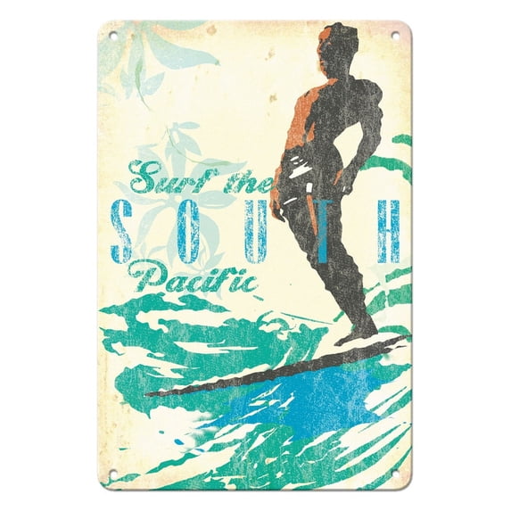 Surf the South Pacific - Surfer On Wave - Vintage Travel Poster by Wade Koniakowsky - 8 x 12 inch Vintage Metal Tin Sign