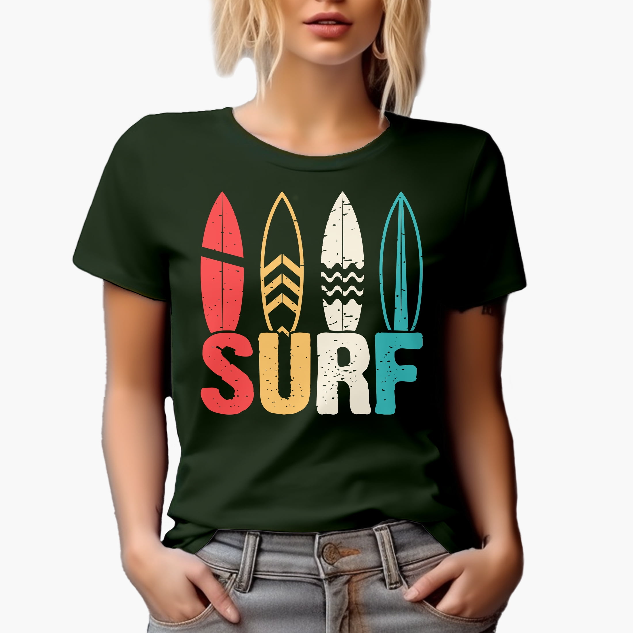 Surf with Surfboards, Military Green T-Shirt, Large
