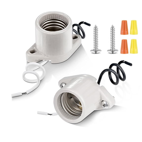 Surface Mount Light Socket,E26 Medium Screw Porcelain Bulb Socket,Cleat Lamp Socket with Two Hole Flanged Mounting,Keyless Sockets with 6" Leads (2)