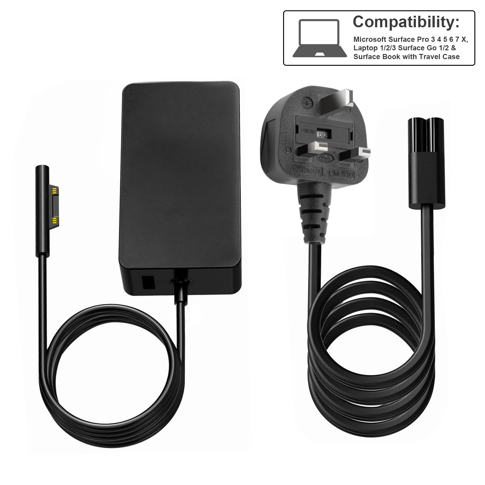 BatPower 44W Surface Charger - 15V 2.58A AC Adapter Compatible With Microsoft Surface Pro X/7/6/5/4/3, Laptop 4/3/2/1, & Surface Go