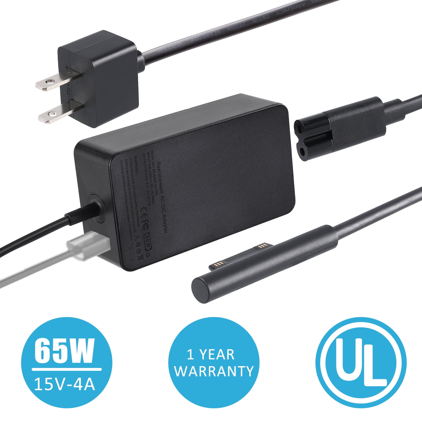 Surface Pro Charger 65W 15V 4A AC Power Adapter Supply for Microsoft Surface Book Surface Pro 3/4/5/6 Surface Go Surface Laptop 1/2/3 with USB Charging Port and 6ft Cord fit Model 1706
