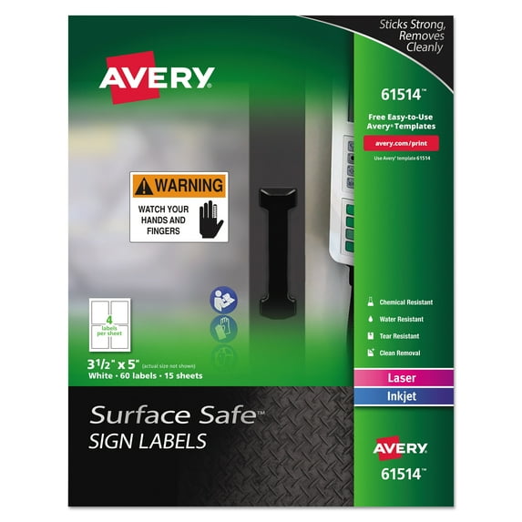 Surface Safe Removable Label Safety Signs, Inkjet/laser Printers, 3.5 X 5, White, 4/sheet, 15 Sheets/pack | Bundle of 5 Packs