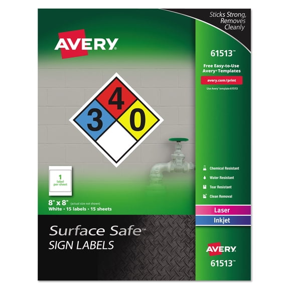 Surface Safe Removable Label Safety Signs, Inkjet/laser Printers, 8 X 8, White, 15/pack | Bundle of 2 Packs
