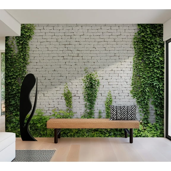 Surface Texture Wallpaper Wall Mural - Ivy On White Brick Wall