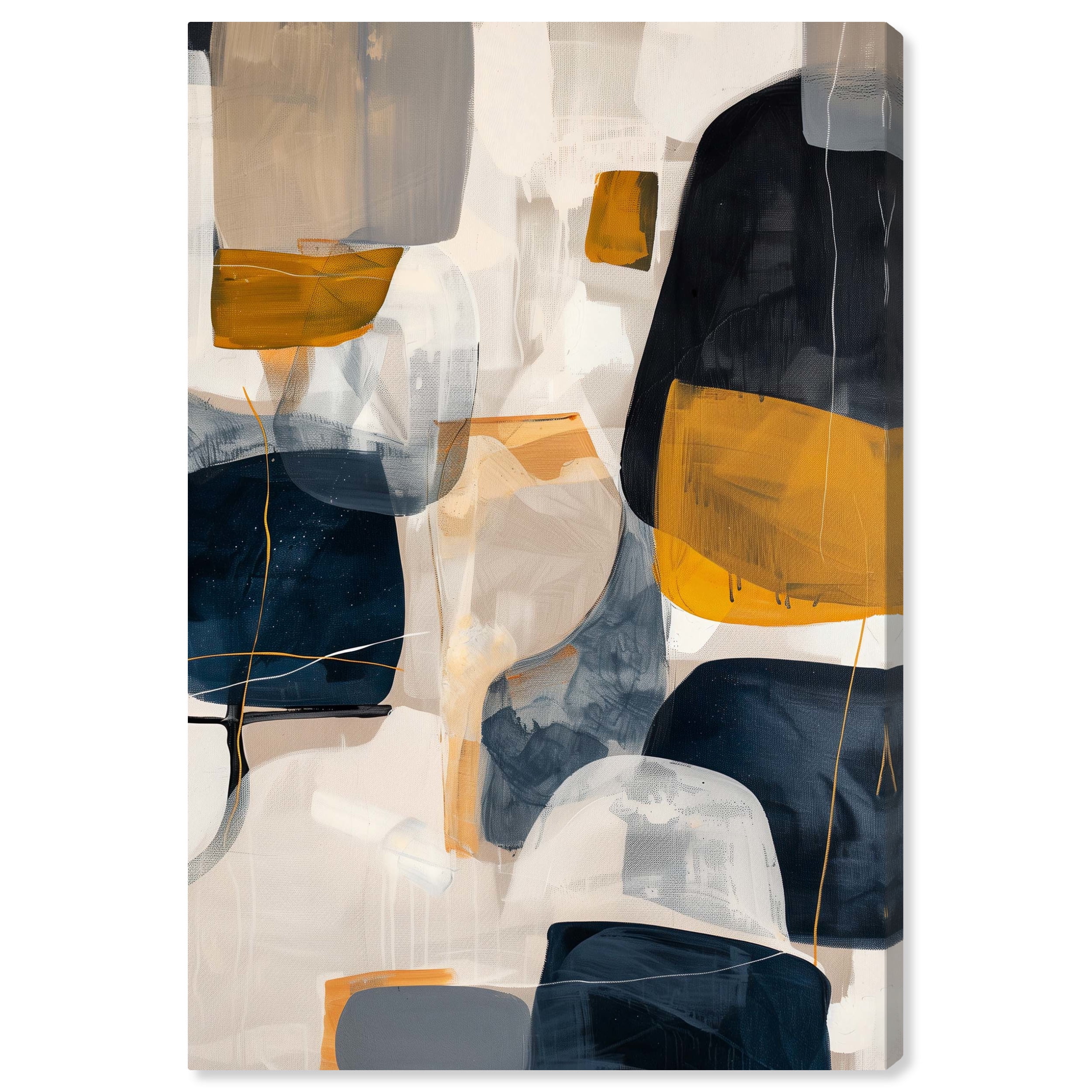 Boho Neutral Abstract Canvas Wall Art in Blue and Gold, 24" x 36"