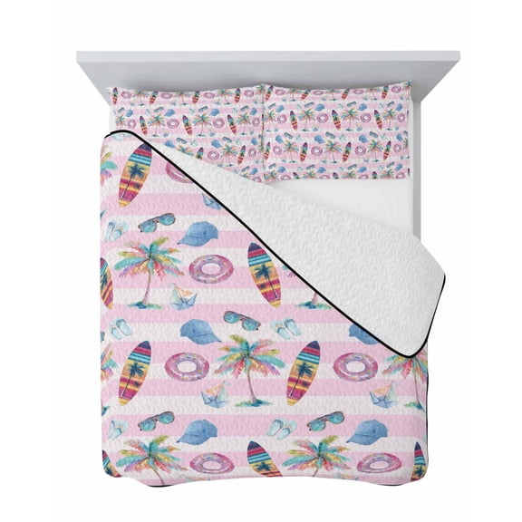 Surfboard 3 Piece Quilt Set King Size, Summer Tropical Coconut Tree Hat Swim Ring Pink Stripes Soft Bedspread Coverlet Bedding Set Microfiber Lightweight Comforter Set with 2 Pillowcases for Bedroom