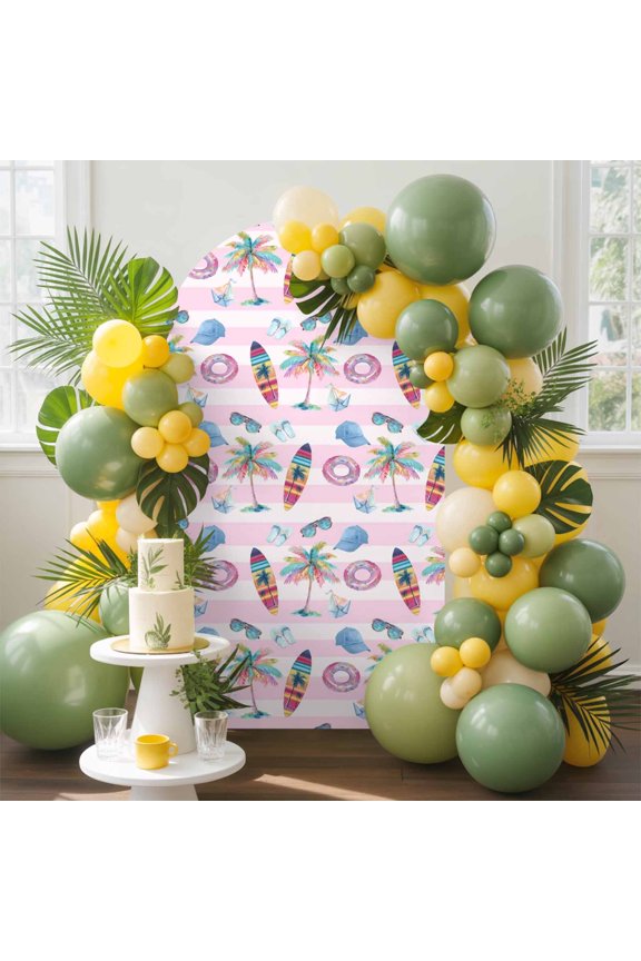 Surfboard Arch Backdrop Cover, 4FT, Summer Tropical Coconut Tree Hat Swim Ring Pink Stripes Spandex Arch Covers Double-Sided Backdrop for Wedding Birthday Party Photo Background Decoration