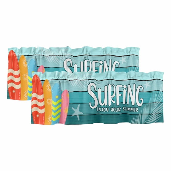 Surfboard Curtain Valances for Windows, Kitchen Valance Window Treatments Panel 2 Pack, Summer Starfish Palm Leaf Wood Grain Blue Rod Pocket Short Curtains for Bathroom Bedroom 54 x 18 Inch