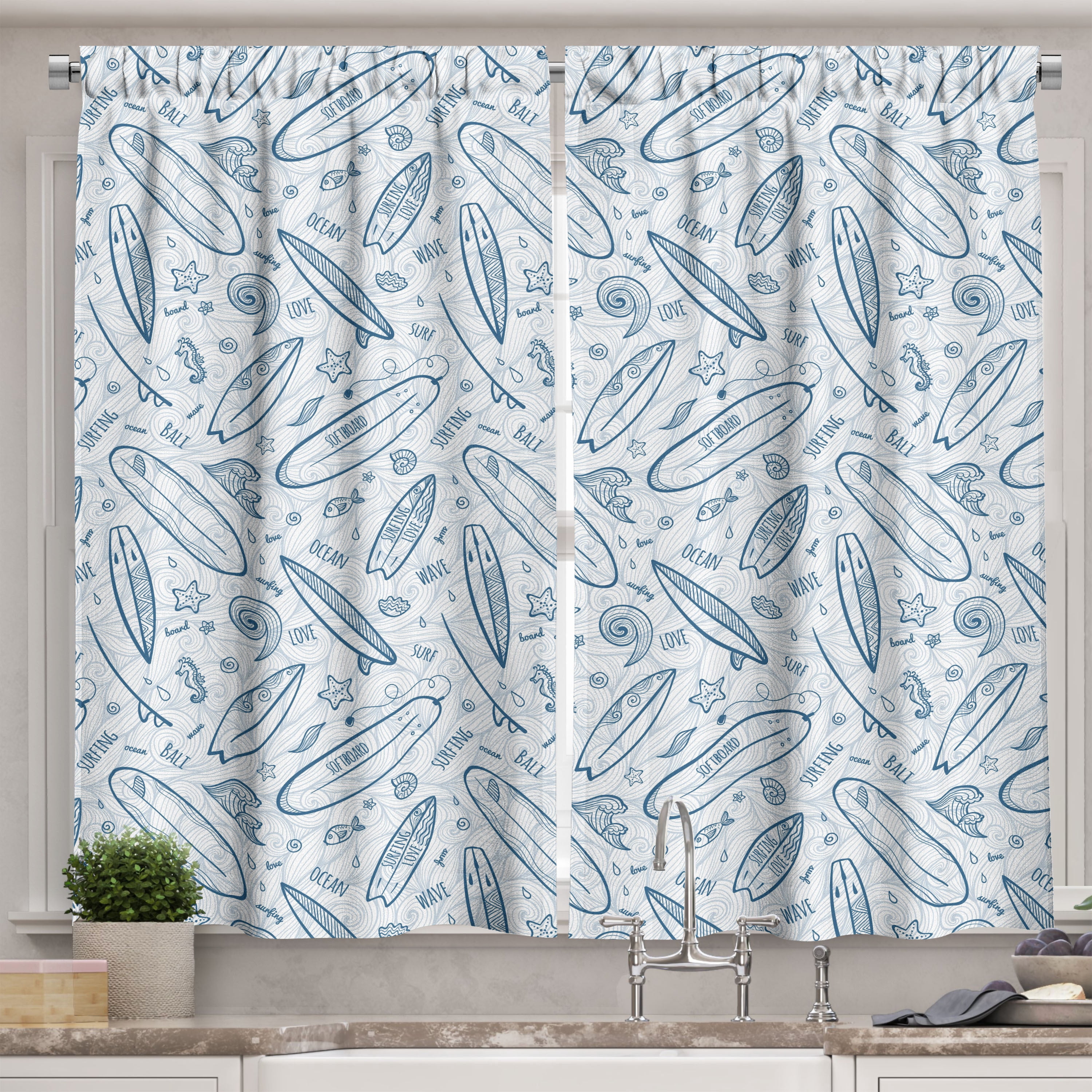 Surfboard Curtains 2 Panels Set, Doodle Surfing Boards Ocean Waves and Starfishes Hawaiian Vacation Summertime, Window Drapes for Living Room Bedroom, 55W X 39L Inches, Blue White, by Ambesonne