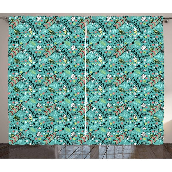 Ambesonne Surfboard Curtains 2 Panel Set, Tropic Floral Design, 108" x 90", Turquoise Multicolor