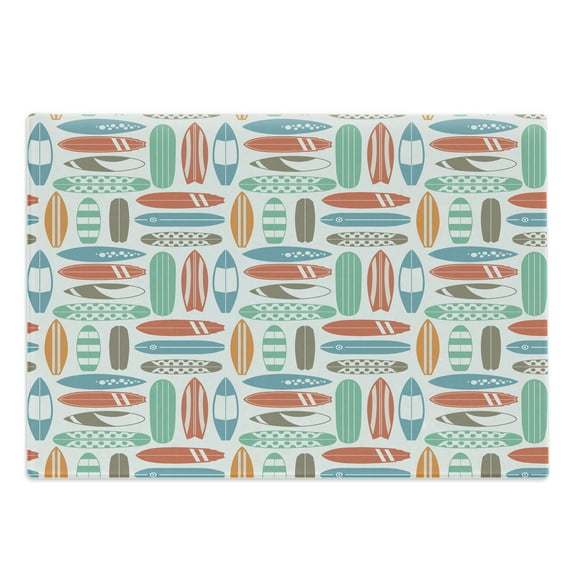 Surfboard Cutting Board, Colorful Surfing Sea Pattern Summer Travel Illustration in Retro Colors, Decorative Tempered Glass Cutting and Serving Board, Large Size, Multicolor, by Ambesonne