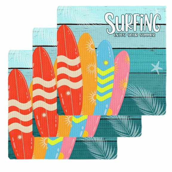 Surfboard Dish Towels Set, Waffle Weave Kitchen Towels 3 Pieces, Summer Starfish Palm Leaf Wood Grain Blue Microfiber Hair Face Bath Tea Towel Absorbent Quick Drying Cleaning Dish Cloths, 12"x12"