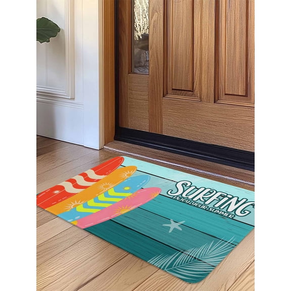Surfboard Door Mat Indoor Outdoor Entrance, Non Slip Rug for Kitchen Bathroom Entryway Rug, Summer Starfish Palm Leaf Wood Grain Blue Washable Doormat Floor Mat for Office Home Decor 24x36 Inch