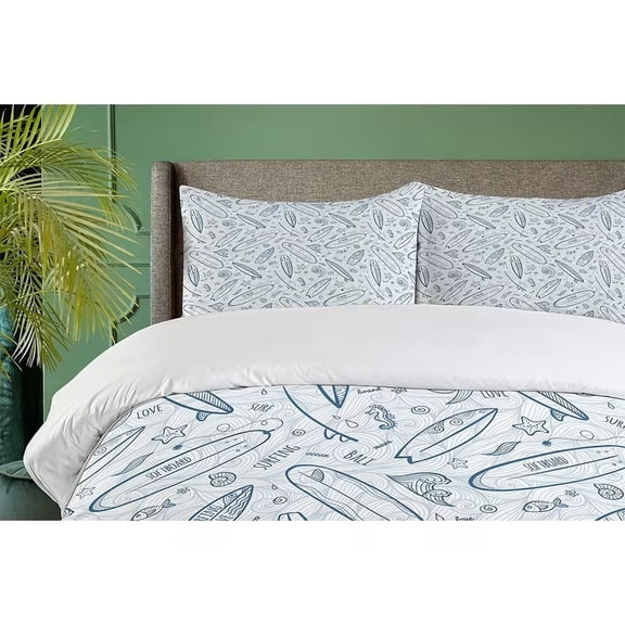 Surfboard Duvet Cover Set, Doodle Surfing Boards Waves And Starfishes Hawaiian Summer, Decorative 3pcs Bedding with 1 Duvet Cover And 2 Pillowcases, No Core, Petrol Blue Slate Blue
