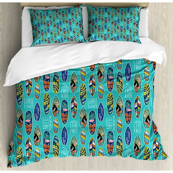 Surfboard Duvet Cover Set King Size, Aloha Hawaii Live Free Ocean Water Sports Inspired Pattern Coastal Inspirations, Decorative 3 Piece Bedding Set with 2 Pillow Shams, Multicolor, by Ambesonne