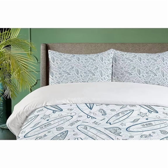 Surfboard Duvet Cover Set - Vibrant Doodle Surfing Boards, Waves & Starfishes - 3pcs Bedding Set with 1 Duvet Cover & 2 Pillowcases - Petrol Blue & Slate Blue