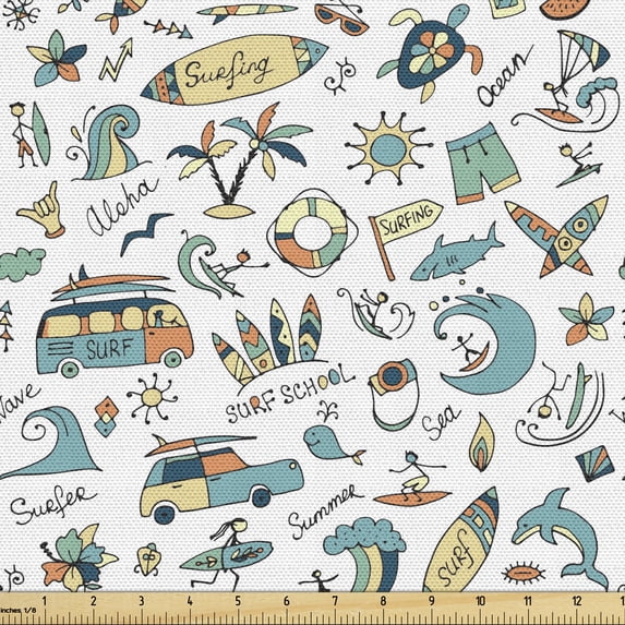 Surfboard Fabric by The Yard, Cartoon Surf Associated Wording and Colorful Repeated Aloha Summery Designs, Decorative Fabric for Upholstery and Home Accents, 3 Yards, White Multicolor, by Ambesonne