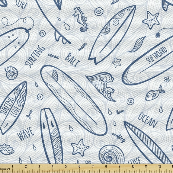 Ambesonne Surfboard Fabric by the Yard Upholstery, Doodle Summertime, 3 Yards, Petrol Blue Slate Blue