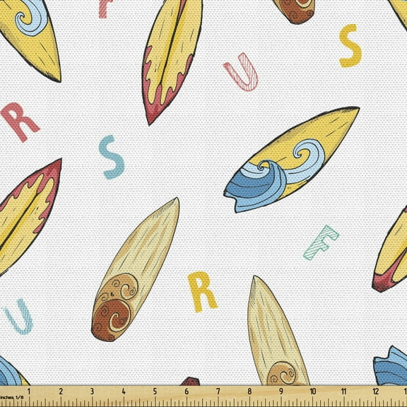 Ambesonne Surfboard Fabric by the Yard Upholstery, Boards and ABC Letters, 3 Yards, Multicolor