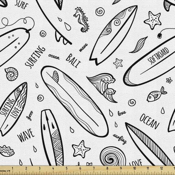 Ambesonne Surfboard Fabric by the Yard Upholstery, Monochrome Coastal, 2 Yards, Black White