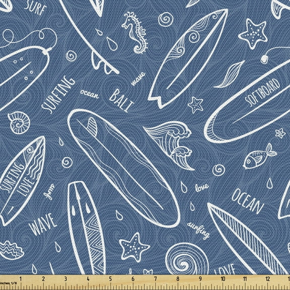 Ambesonne Surfboard Fabric by the Yard Upholstery, Ocean Waves Doodle, 3 Yards, Blue White