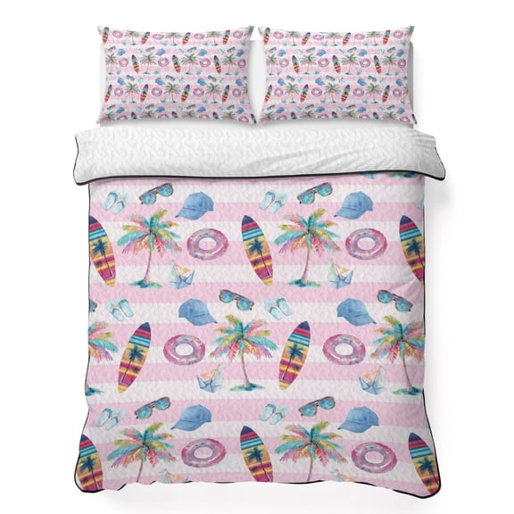 Surfboard Full Quilt Bedding Set, Summer Tropical Coconut Tree Hat Swim Ring Pink Stripes Lightweight Comforter with 2 Pillow Shams Bedroom Bedspread Set Home Decor for All Seasons
