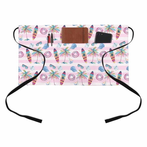 Surfboard Kitchen Restaurant Half Waist Apron, Summer Tropical Coconut Tree Hat Swim Ring Pink Stripes Server Short Apron with 3 Pockets Waterproof Oil Waist Aprons for Women Waitress Waiter