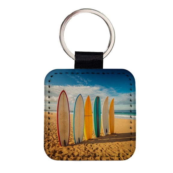 Surfboard Lineup On Beach Faux Leather Square Keychain