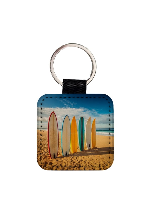 Surfboard Lineup On Beach Faux Leather Square Keychain