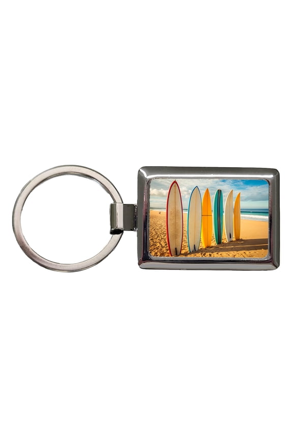 Surfboard Lineup On Beach Metal Rectangle Keychain
