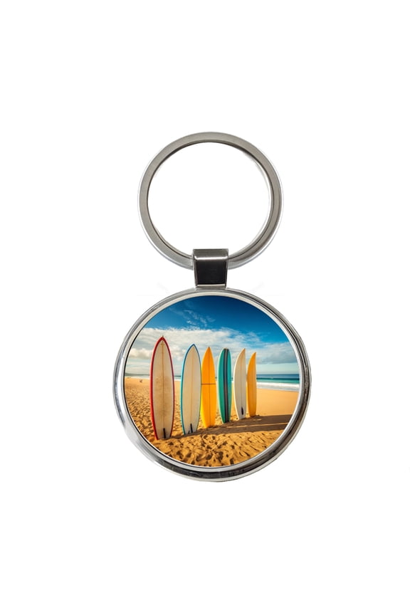 Surfboard Lineup On Beach Metal Round Keychain