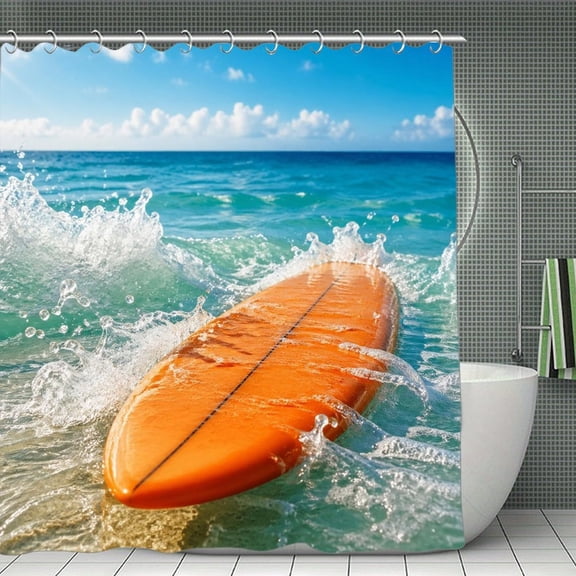 Surfboard Ocean Print Shower Curtain,Modern Fabric Waterproof Shower Curtain Set with Hooks,70.8×70.8Inch