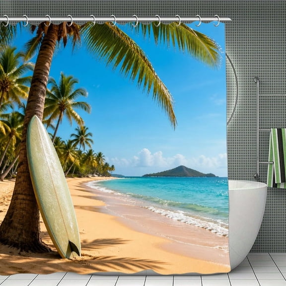 Surfboard Palm Tree Beach Tropical Paradise Print Shower Curtain,Modern Fabric Waterproof Shower Curtain Set with Hooks,70.8×70.8Inch