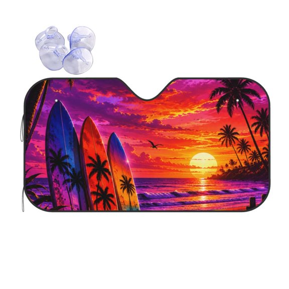 Surfboard Palm Tree Sunset Beach Sunset Foldable Car Windshield Sun Shade UV Heat Shield for Car SUV Truck