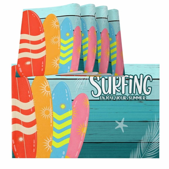 Surfboard Placemats for Dinning Table Set of 6, Summer Starfish Palm Leaf Wood Grain Blue Burlap Kitchen Place Mats Waterproof Cloth Table Mats, Indoor Outdoor Placemats Easy Clean Dinner Decor