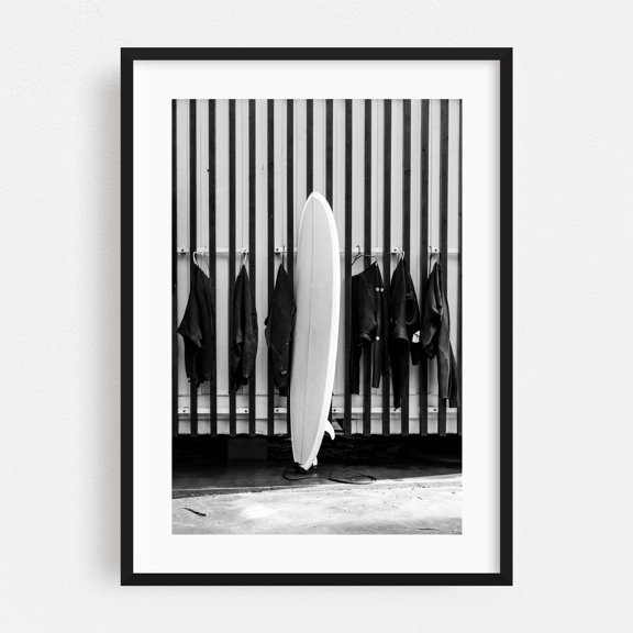 Surfboard Portugal - Madeira Portugal Photography Surfboard Black and White Surf Minimalist Beach House Ocean Minimalist Coastal Black Framed Wall Art Print 24 x 36 inches