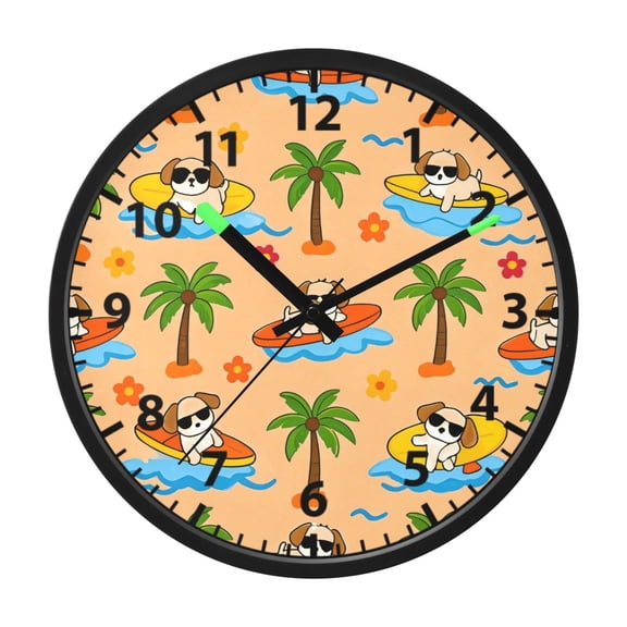 Surfboard Puppy Pattern Wall Clock 12 Inch Voice Activated Night Light Silent Non Ticking