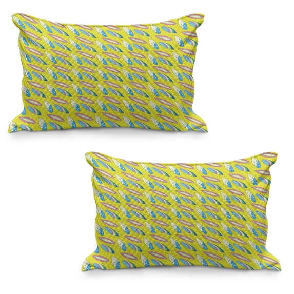 Surfboard Quilted Pillowcover Set of 2, Summertime Activities Hobby Fun Leisure Time Theme Beach Surfing Youth, Standard Queen Size Pillow Cover for Bedroom, 30" x 20", Yellow Pink Blue, by Ambesonne