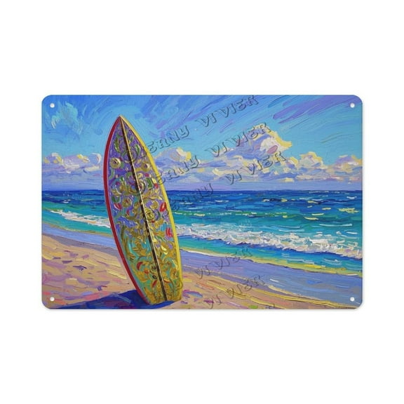 Surfboard Retro Metal Sign 8x12 Inch Tin Wall Art for Beach House, Man Cave, Living Room, or Garage Gift for Surfers, Beach Enthusiasts, and Ocean Lovers